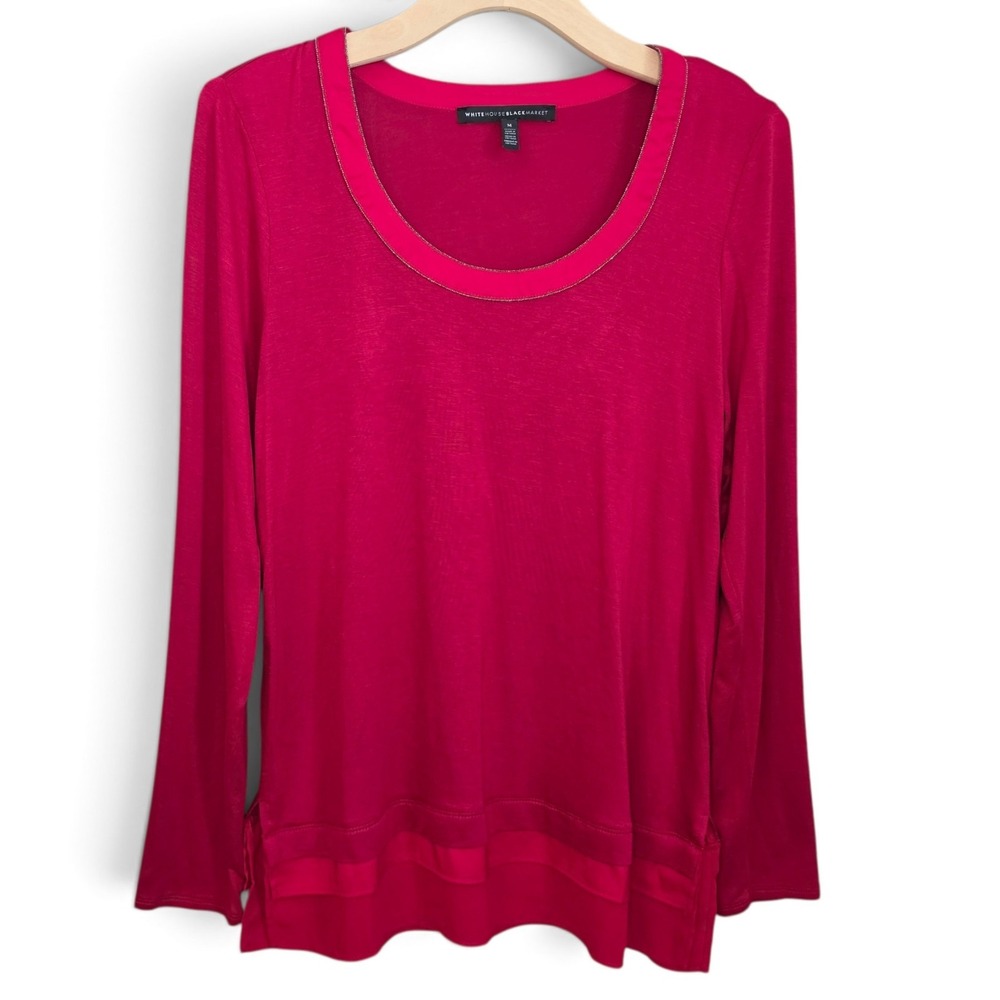 White House Black Market Top Womens Medium Red Scoop Neck Chain Trim Long Sleeve